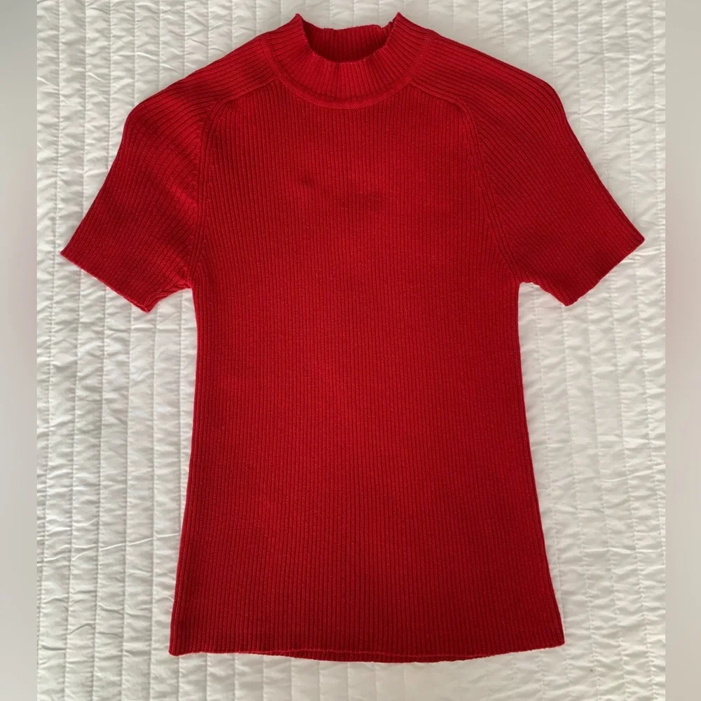 VTG 90s Limited America Knit Top Women M Cherry Red Ribbed Mockneck Short Sleeve